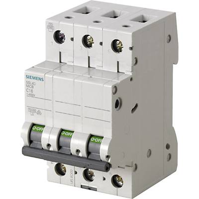 Ein dreipoliger Leitungsschutzschalter mit der Beschriftung 'Siemens 5SL4'. Der Schalter ist auf 'Off' gestellt.