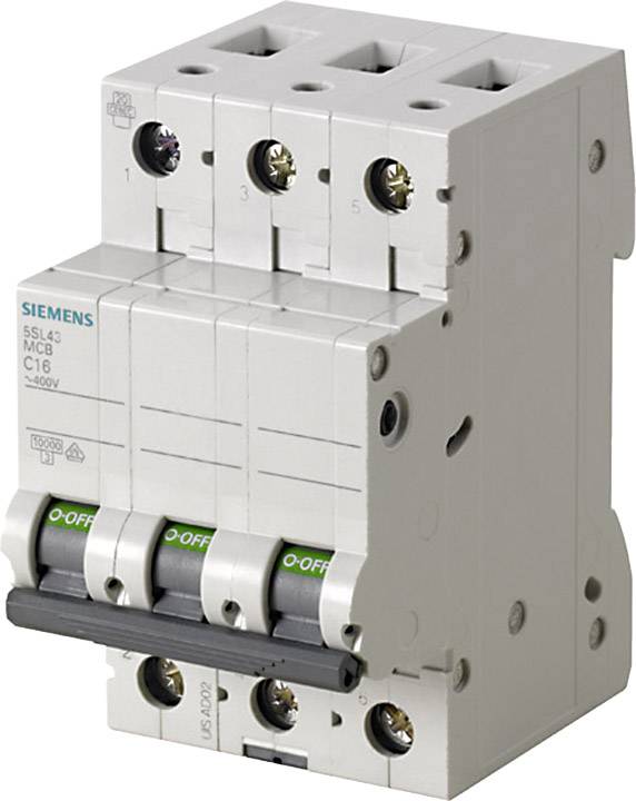 Ein dreipoliger Leitungsschutzschalter von Siemens, Modellnummer 5SL4316-6. Schalter sind in der "OFF"-Position. Geeignet für 400V.