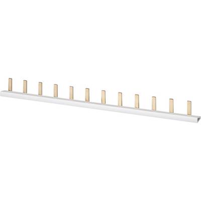 Ein kupferfarbener Phasenschienenverteiler mit zwölf Zinken zur Verteilung von elektrischer Spannung in einer Schalttafel.