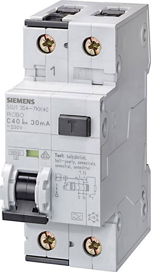 'Siemens RCBO C40 L 30 mA 230V' abgebildet. Ein Sicherungsautomat zur Verhinderung von elektrischen Überlastungen in einem Stromkreis.