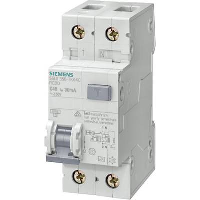 Ein zweipoliger Schutzschalter von Siemens mit der Beschriftung 'C40' und '30mA', geeignet für eine Spannung von 230V.