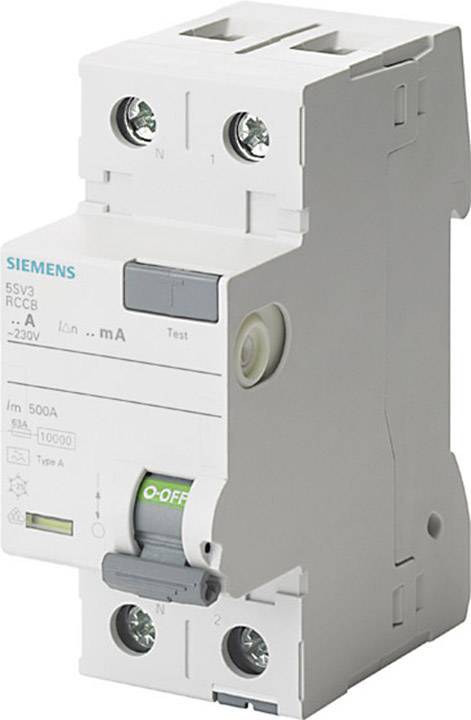 Ein weißer FI-Schutzschalter mit Siemens-Logo. Er hat mehrere Anschlüsse und einen grünen Kippschalter mit der Aufschrift 'O-OFF'.