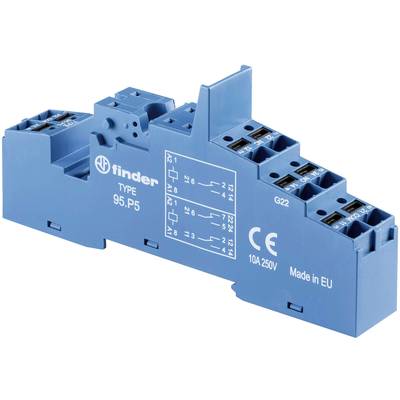 Ein blaues Relais-Sockelmodul mit Anschlussklemmen und technischer Beschriftung für elektrische Schaltungen. Made in EU.