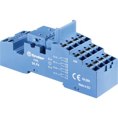 Blauer elektrischer Relais-Sockel mit Beschriftung 'finder TYPE 94.P4', Anschlüssen und CE-Kennzeichnung, geeignet für 10A, 250V.