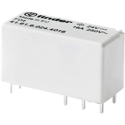 Ein weißes, rechteckiges Relais mit Metallpins, Aufschrift: 'Made in EU', 24V, 16A 250V~. Modellnummer: 41.61.6.024.4016.