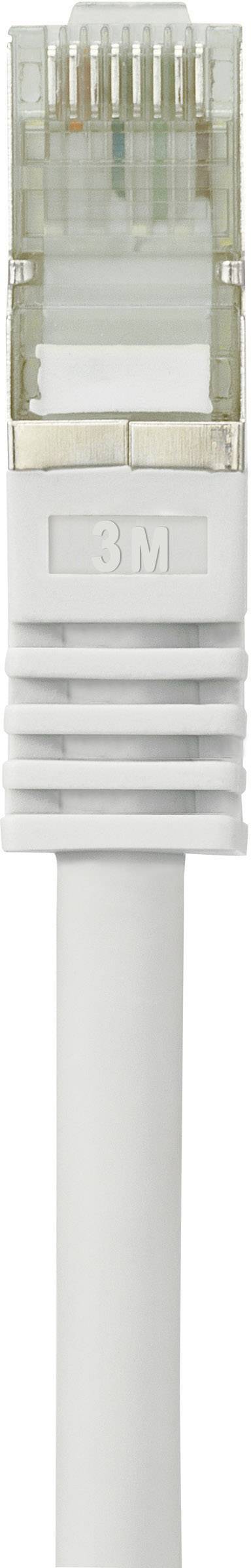 Ein weißer Ethernet-Netzwerkkabelstecker, der vertikal gezeigt wird. Das Kabel ist mit einer RJ-45-Stecker verbunden.