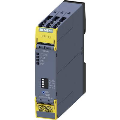 Siemens SIRIUS Sicherheitsrelais; kompakt, blau-gelb, Anschlussklemmen oben, Anzeige für Betrieb, Reset-Schalter unten.