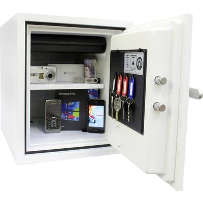 Ein geöffneter Tresor zeigt eine Kamera, ein Handy, ein iPhone, Geldscheine, Windows 8 Pro, ein iPod und mehrere Schlüssel.