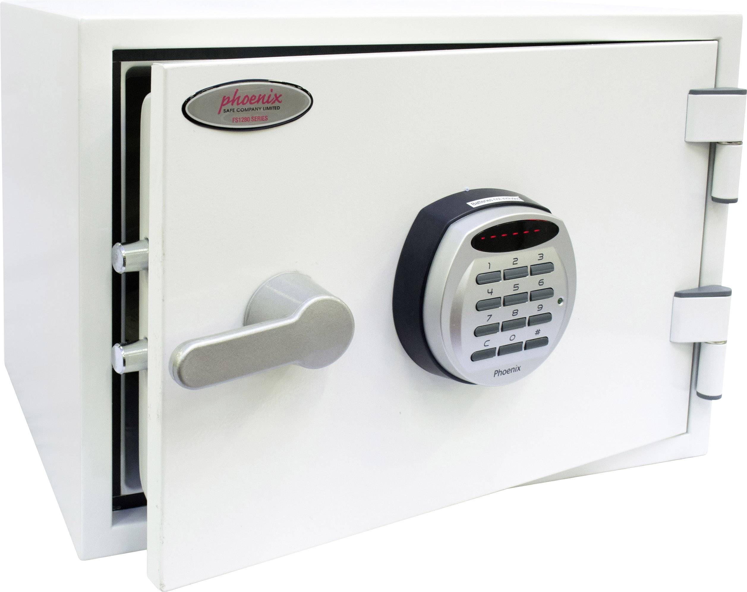 Ein offener weißer Tresor mit digitalem Zahlenschloss und einem Hebel an der Vorderseite.