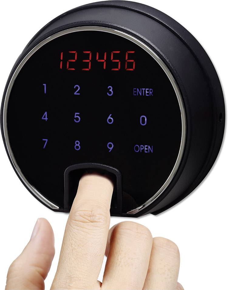 Fingerabdruck-Türschloss mit digitalem Nummernfeld und rot leuchtendem Display. Eine Hand legt einen Finger auf den Scanner.