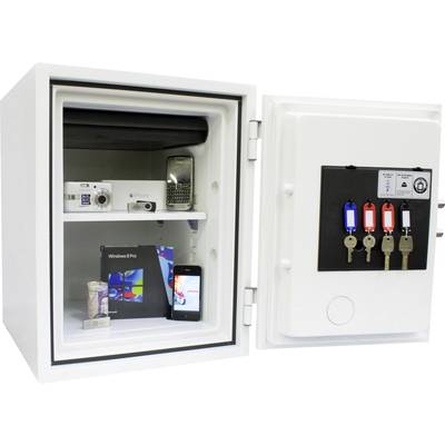Ein geöffneter Geldschrank mit Kameras, Handys, Computerausrüstung und Schlüsseln auf zwei Regalen; Schutz von Wertsachen dargestellt.