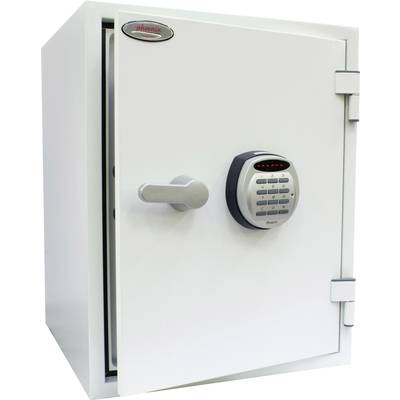 Weiße Tresortür mit elektronischem Zahlenschloss und Türgriff. Der Safe hat ein schlichtes Design und robustes Aussehen.