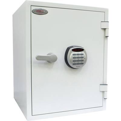 Ein weißer Tresor mit elektronischem Zahlenschloss und Drehgriff an der Vorderseite. Er steht aufrecht und ist geschlossen.