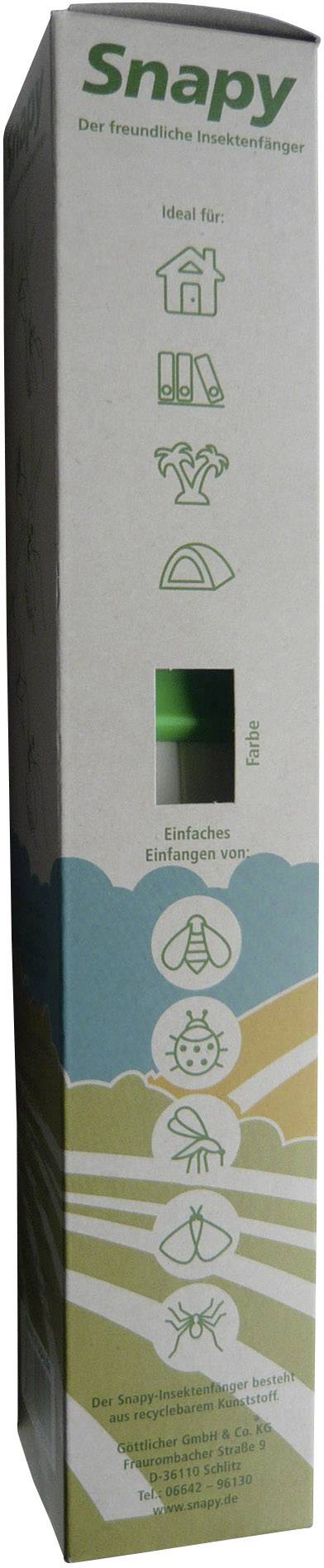 Seitenansicht einer Verpackung mit der Aufschrift 'Snapy - Der tierfreundliche Insektenfänger'. Piktogramme von Insekten und Häusern.