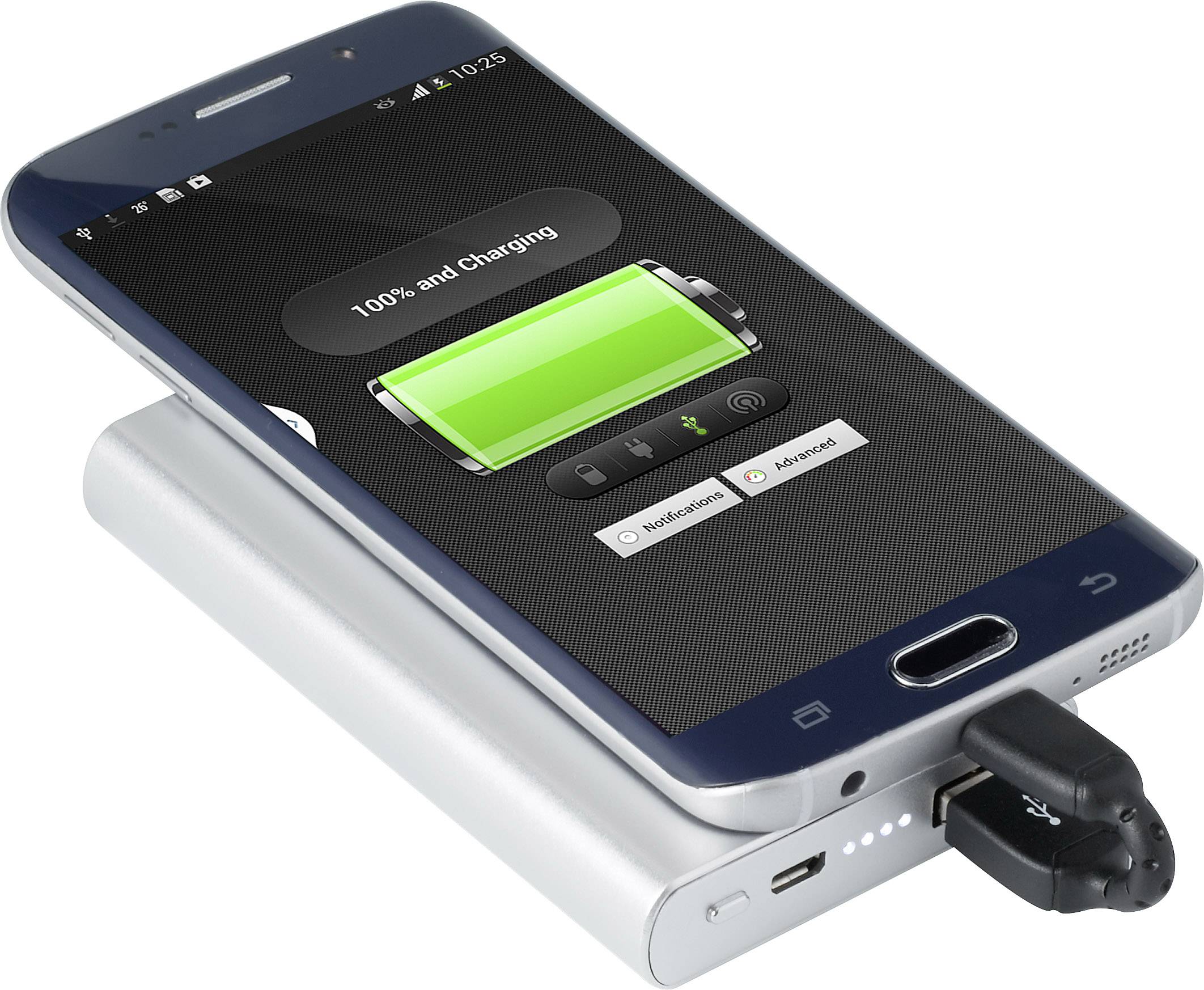 Smartphone wird von einer Powerbank aufgeladen. Der Bildschirm zeigt '100% and Charging' an.