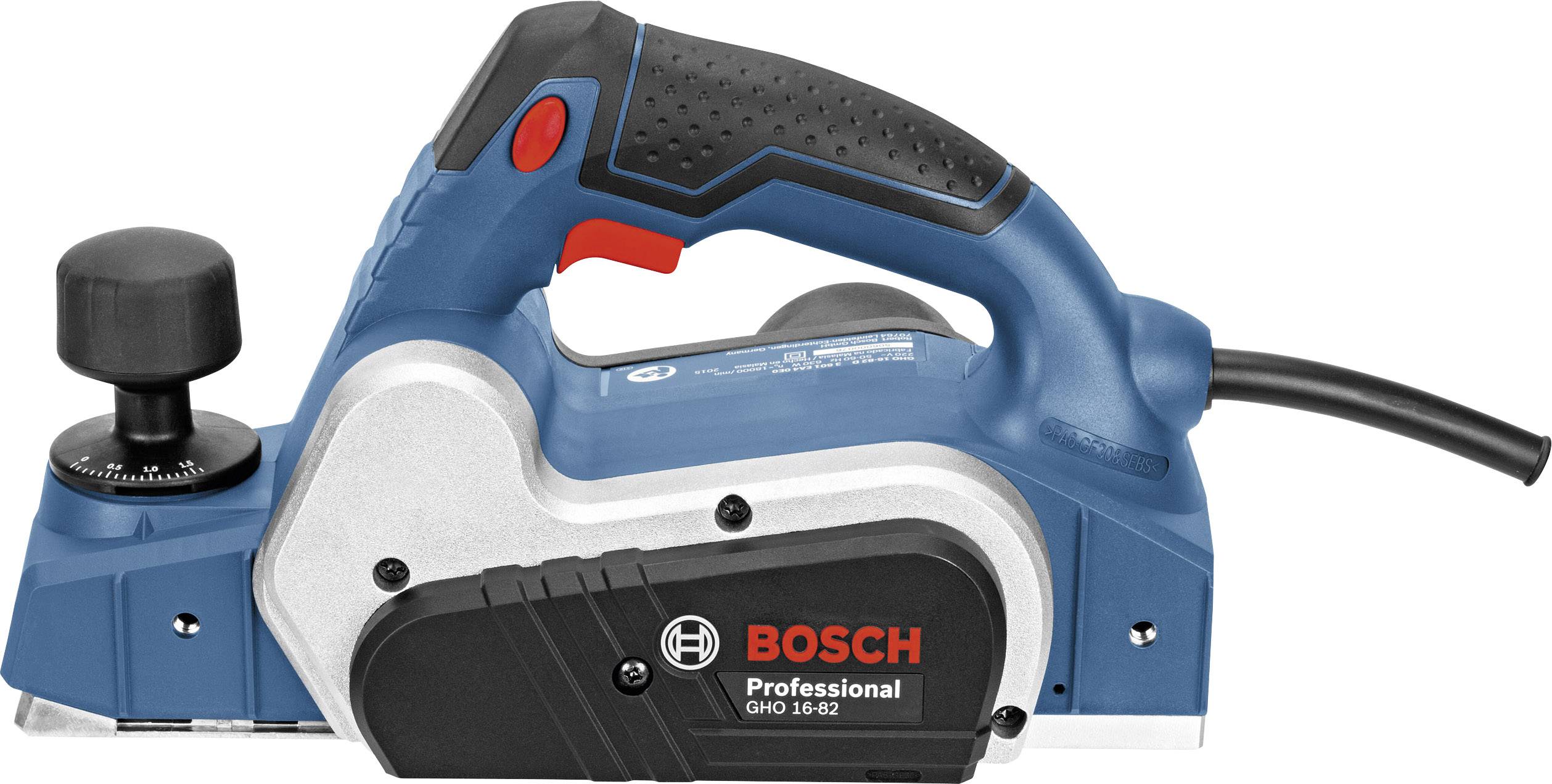 Elektrohobel Bosch Professional GHO 16-82, blau, mit schwarzem Griff und rotem Auslöser, seitlich von links nach rechts gezeigt.