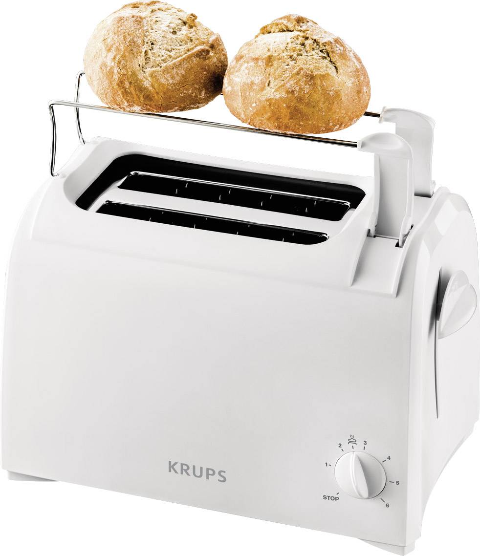 Ein weißer Toaster mit zwei Brötchen auf einem Brötchenaufsatz, Steuerungsrad links für verschiedene Bräunungsstufen.