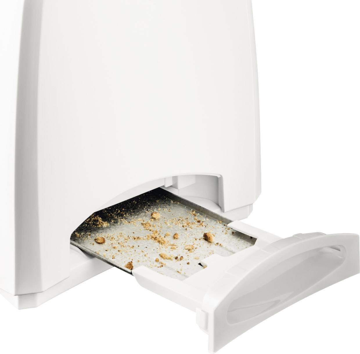 Ein Toaster mit herausgezogener Krümelschublade zeigt Krümelreste.
