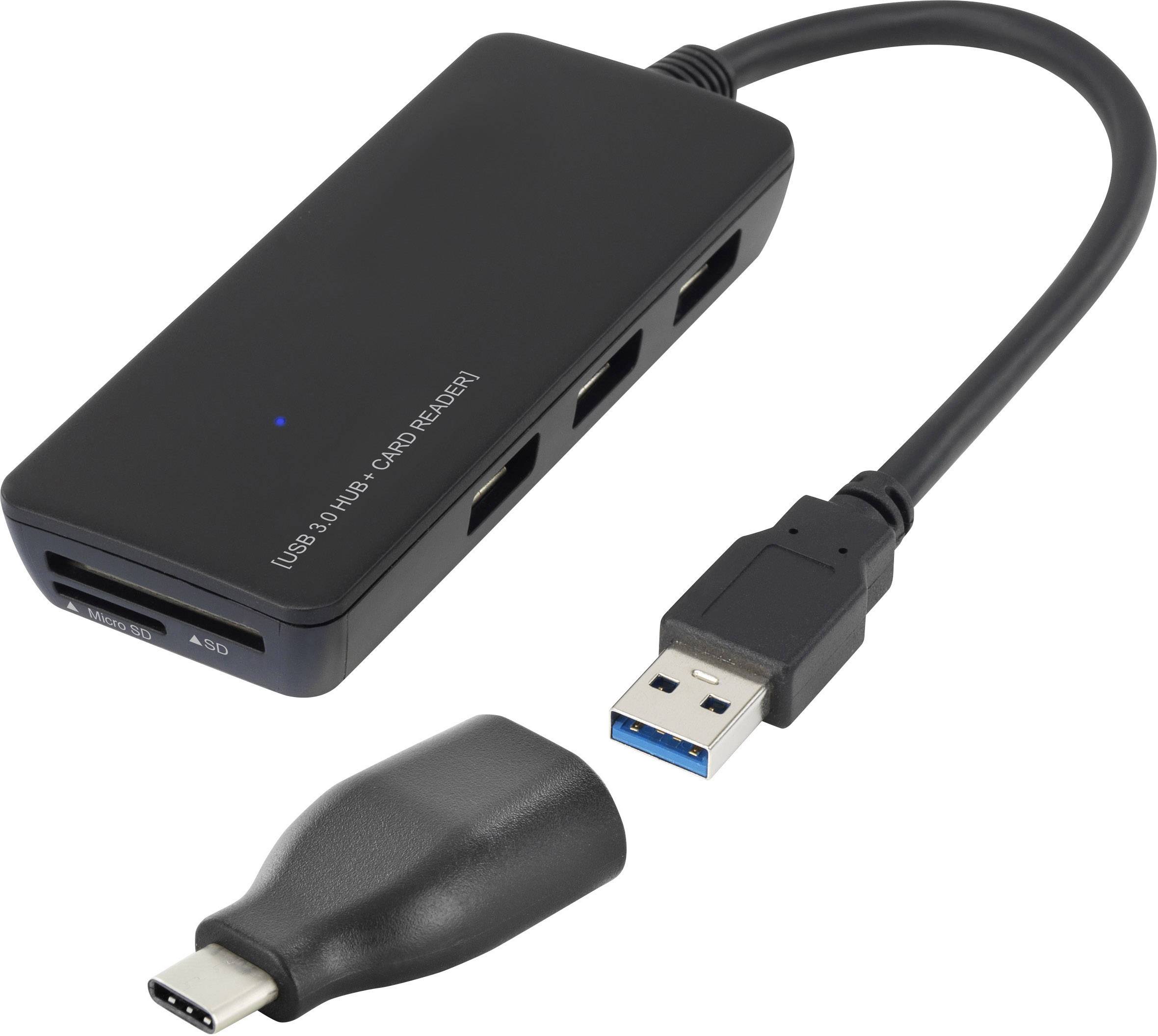CONRAD 3 Port USB 3.0-Hub mit USB Type-C? Adapter mit eingebautem SD-Kartenleser Renkforce Schwarz