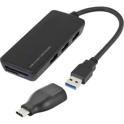 Renkforce  3 Port USB 3.2 Gen 1-Hub (USB 3.0) mit eingebautem SD-Kartenleser Schwarz