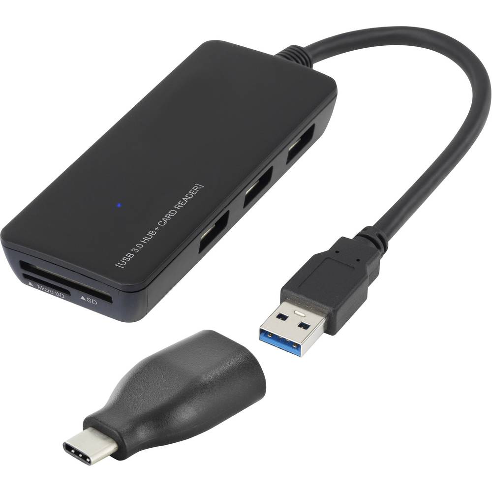 renkforce 3 poorten USB 3.0 hub met ingebouwde SD-kaartlezer Zwart