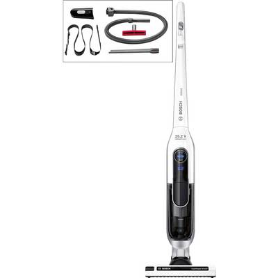 'Bosch Athlet Staubsauger in Weiß. Enthaltenes Zubehör: Schlauch, Düse, Schultergurt. Kabelloses Design mit 25,2 V Batterie.'