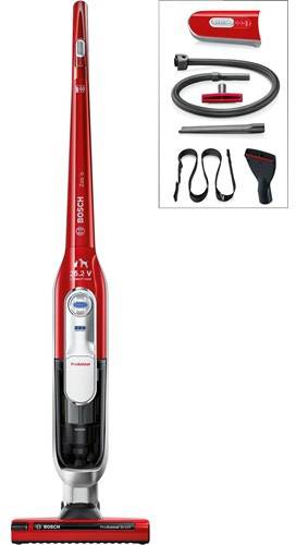 Ein roter kabelloser Staubsauger mit Zubehör wie Saugrohr, Bürstenaufsätzen und Kabel. Das Gerät hat eine Leistung von 32V.