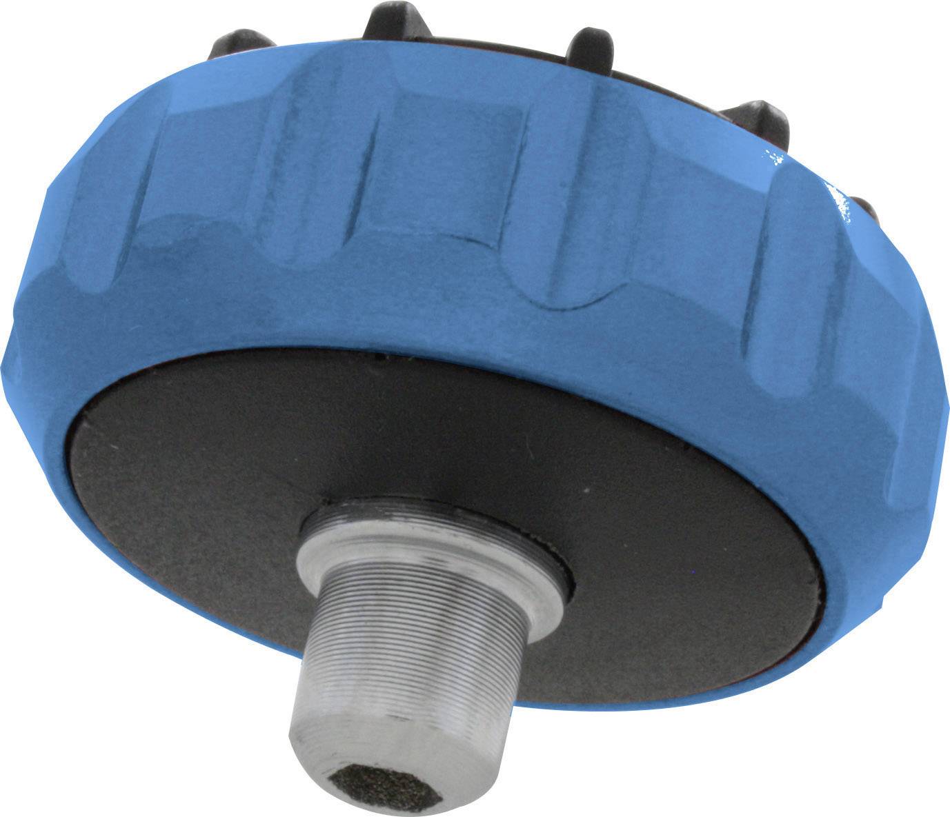 Blauer Drehknopf mit geriffeltem Rand und einem metallischen Gewindestift an der Unterseite, verwendet zur Befestigung oder Einstellung.