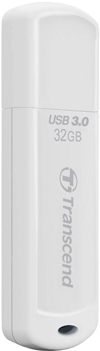 Ein weißer USB-Stick mit der Aufschrift 'USB 3.0 32GB Transcend', geeignet zur Datenspeicherung.