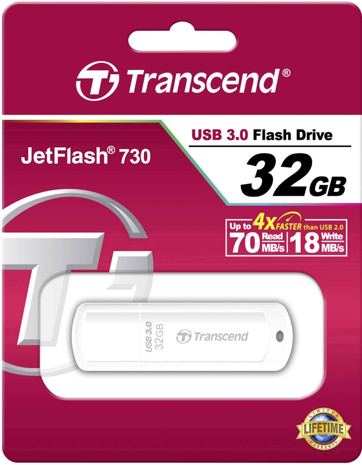 Die Verpackung eines Transcend JetFlash 730 USB 3.0 Flash-Laufwerks mit 32 GB Speicher, hervorgehobene Geschwindigkeit bis zu 4-mal schneller.