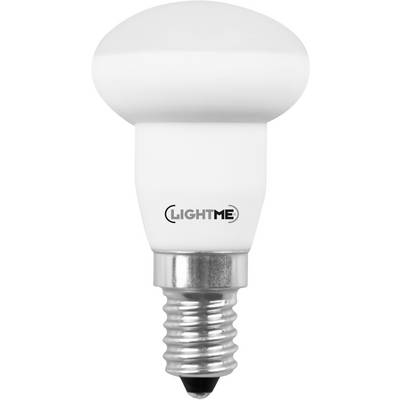 Weiße LED-Glühbirne mit E14-Sockel, markiert mit 'LightMe', vor weißem Hintergrund. Energiesparendes Leuchtmittel für Lampen.