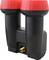 Ein schwarzes, doppelläufiges Kunststoffbauteil mit roten Kappen, oben; unten befindet sich ein metallener Anschluss.