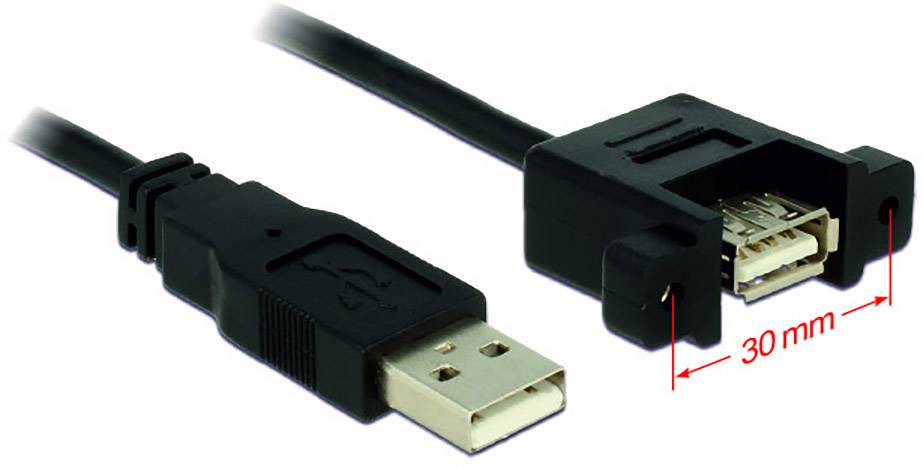 Ein USB-Verlängerungskabel mit einer männlichen und weiblichen Steckverbindung. Die weibliche Verbindung hat eine Halterung von 30 mm.