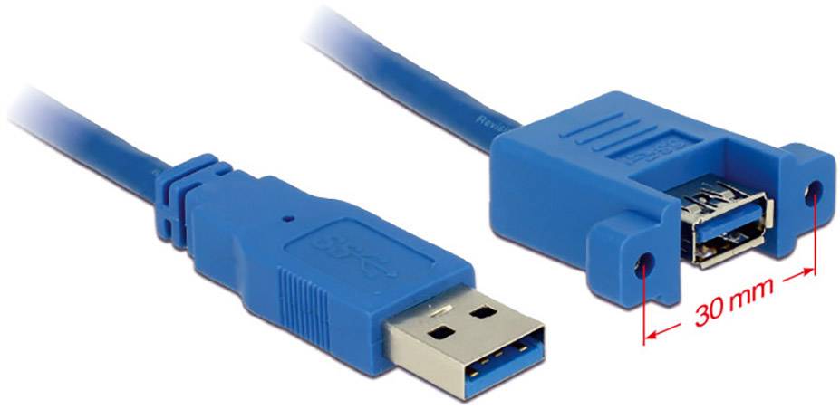 Abbildung zeigt ein blaues USB-Verlängerungskabel mit Stecker und Buchse. Abstand zwischen Buchse und Gehäuse beträgt 30 mm.