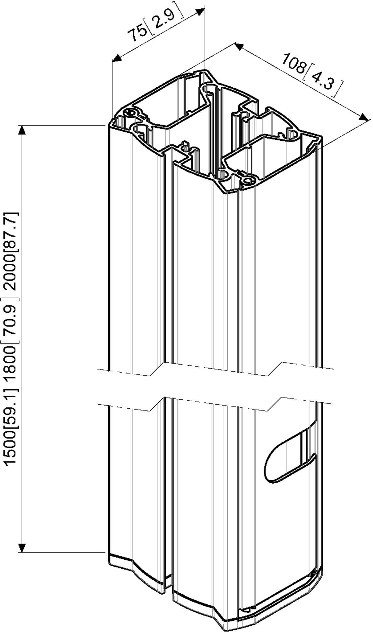 Technische Zeichnung eines Aluminiumprofils mit den Maßen 75 x 108 mm und Höhenoptionen von 70 bis 200 mm, mit Verbindungsnuten.