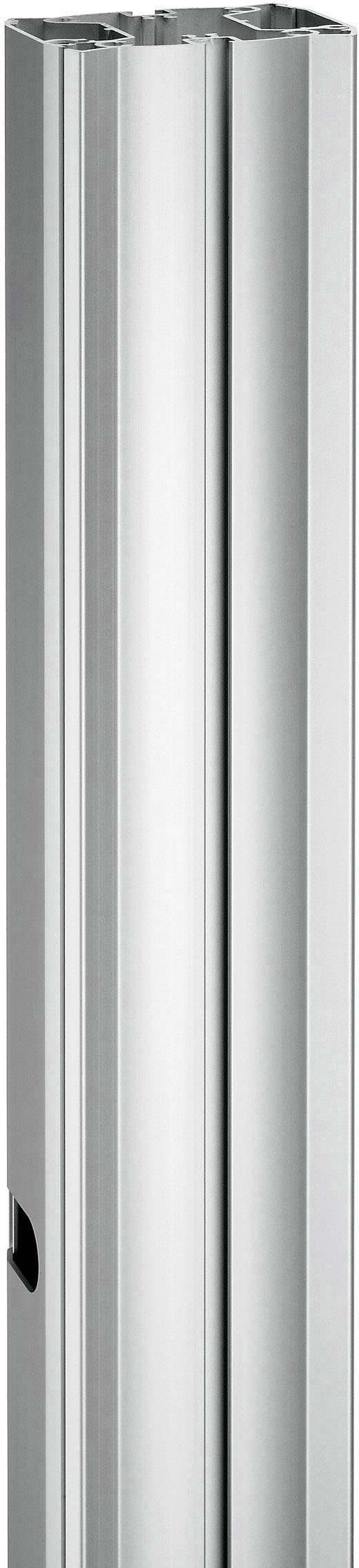 Ein glänzendes, vertikal stehendes Metallrohr mit glatter Oberfläche und einer Kerbe an der Seite.
