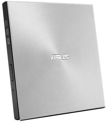 Externes silbernes ASUS DVD-Laufwerk in flachem Design mit seitlichen Anschlussknöpfen und der Marke auf der Oberseite.