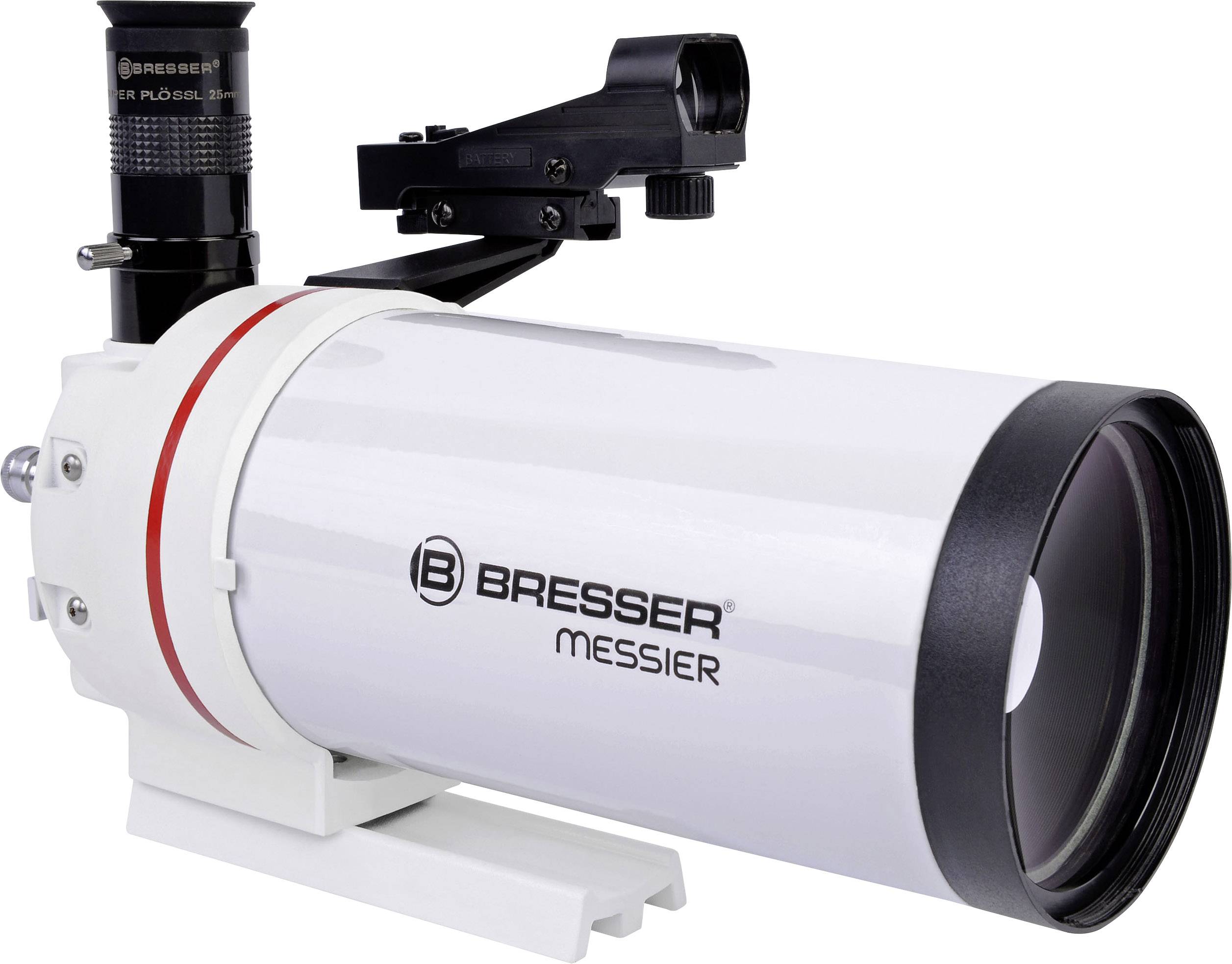 Ein weißes Teleskop der Marke Bresser Messier mit Sucheraufsatz, geeignet für die Himmelsbeobachtung und Astrofotografie.