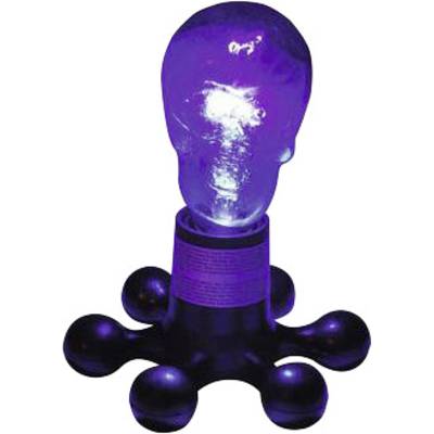 Eine violett leuchtende Glühlampe auf einem schwarz glänzenden, krabbenförmigen Ständer, die an ein einzigartiges Kunstobjekt erinnert.