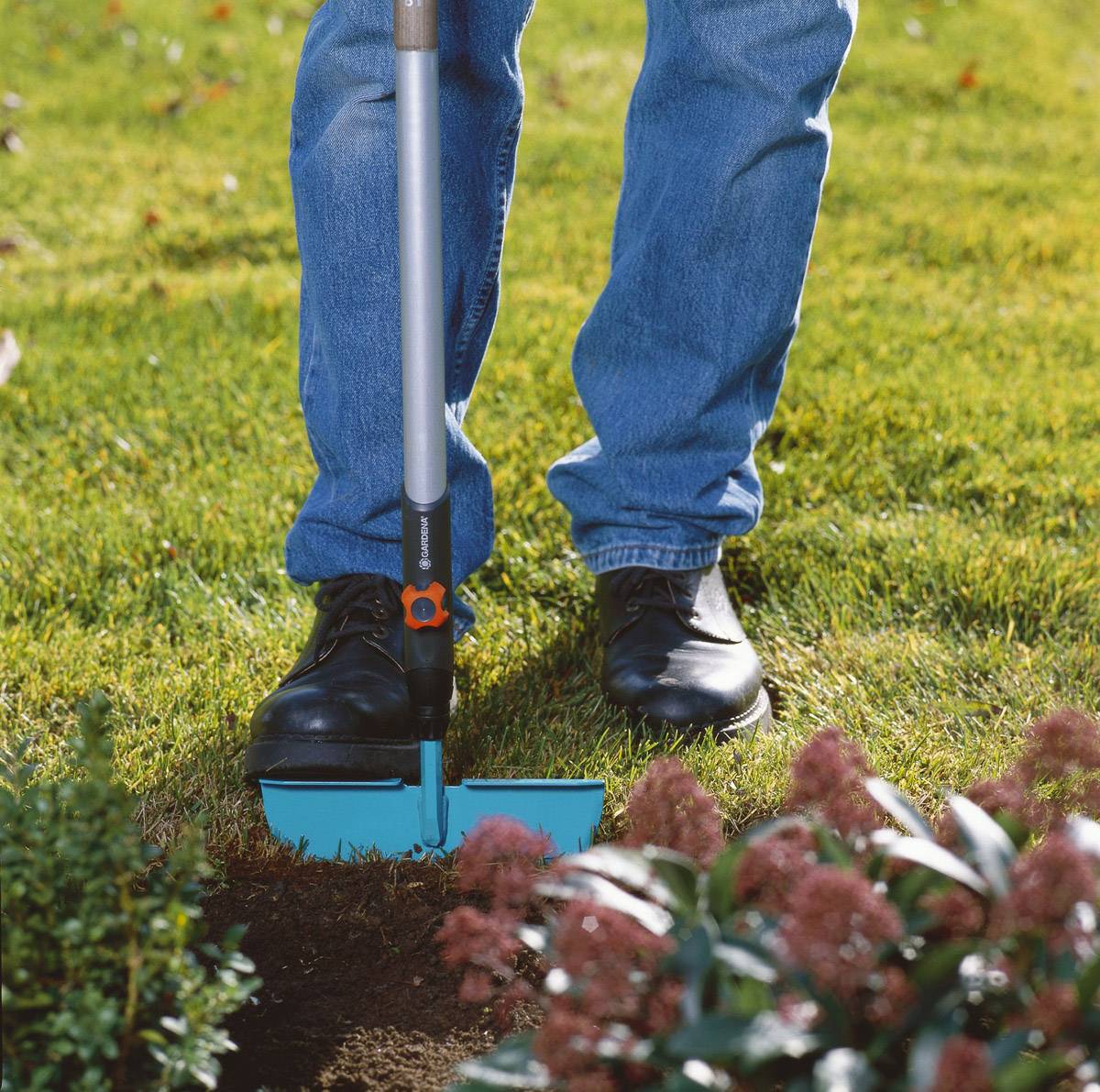Eine Person benutzt ein Gartengerät, um den Rasenrand zu stechen. Im Vordergrund sind blühende Pflanzen.