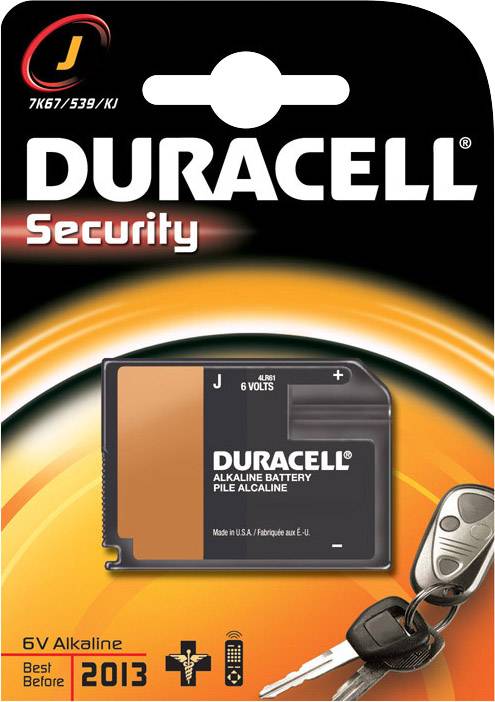 'Duracell Alkaline Batterie, 6 Volt, Sicherheitsanwendungen. Verpackung zeigt Batterie und Autoschlüssel. Ablaufdatum: 2013.'