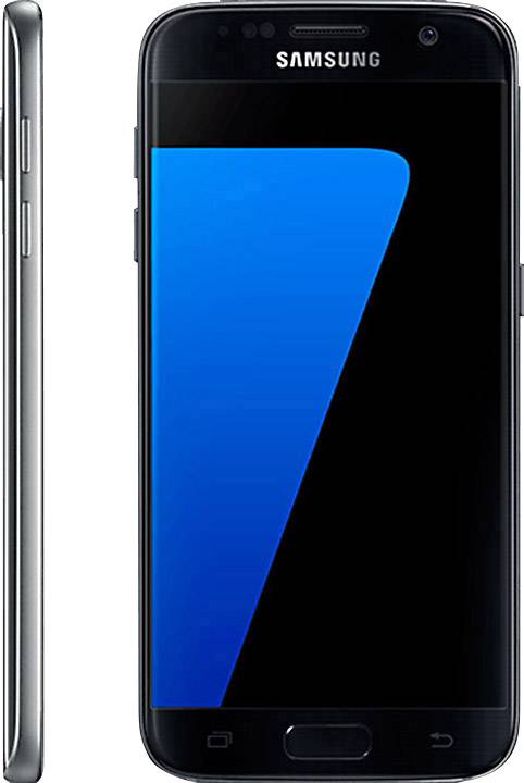Ein schwarzes Smartphone von Samsung mit hellblauem Bildschirm ist von vorne und der rechten Seite zu sehen.