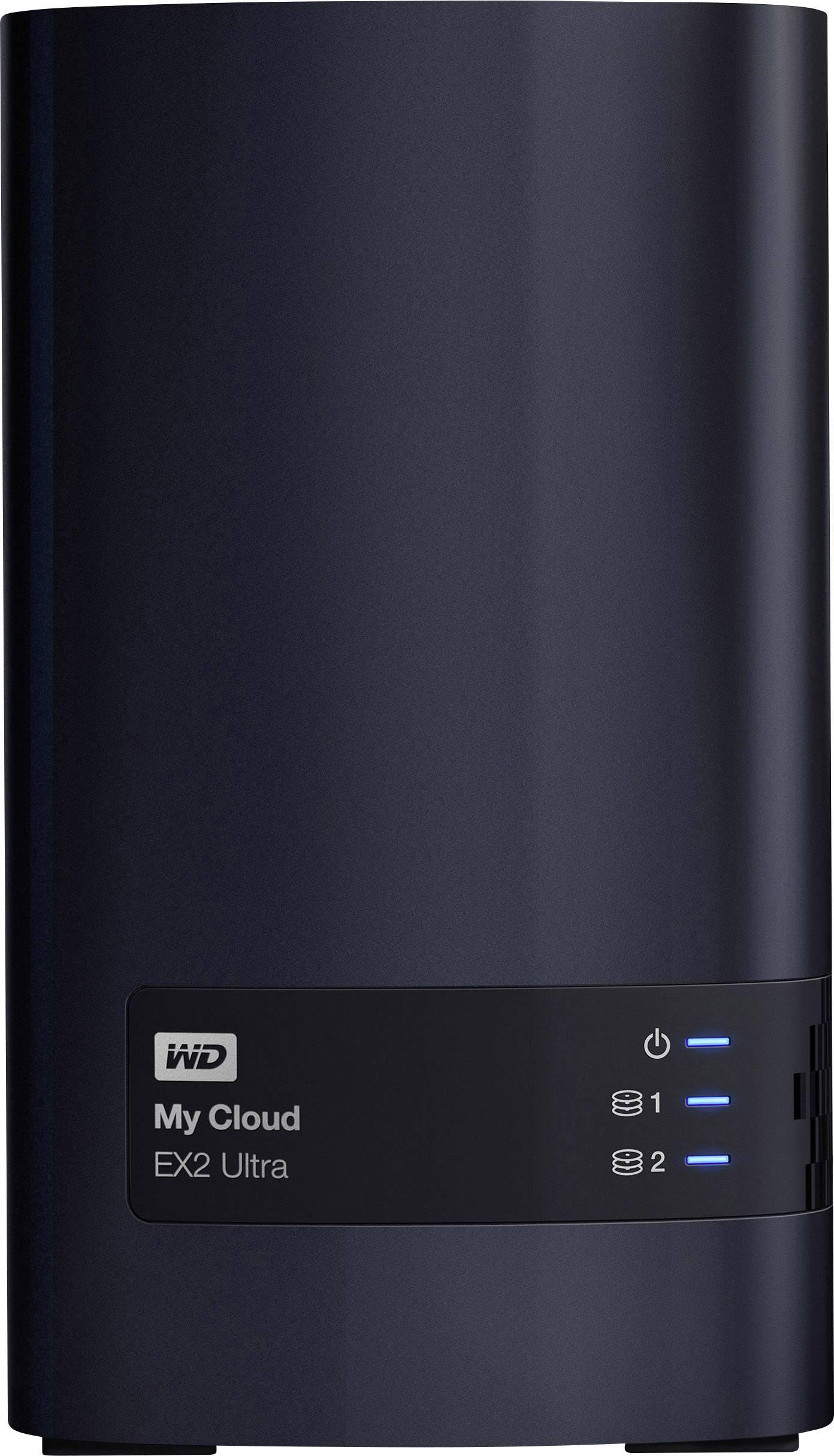 'WD My Cloud EX2 Ultra' externer Speicher in schwarzem Gehäuse mit LED-Anzeigen auf der Vorderseite.