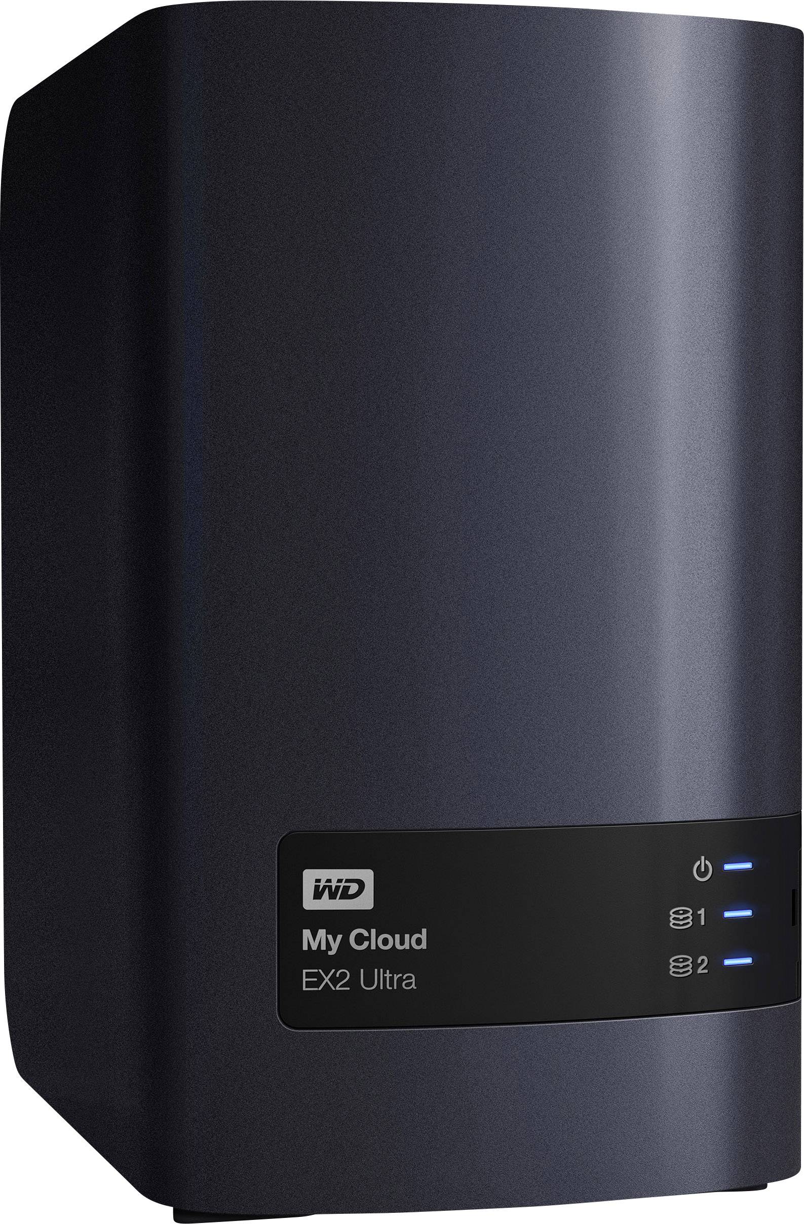 Ein schwarzer Netzwerkspeicher (NAS) mit drei LED-Anzeigen auf der Vorderseite, beschriftet mit 'WD My Cloud EX2 Ultra'.