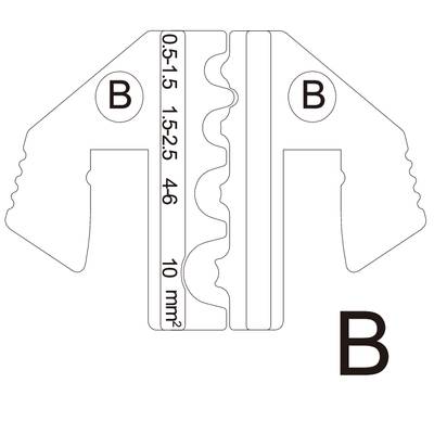 Eine technische Zeichnung zeigt ein Metallwerkzeug mit Markierungen '0,5-1,5 1.5-2,5 4,6 10 mm²' und dem Buchstaben 'B'.