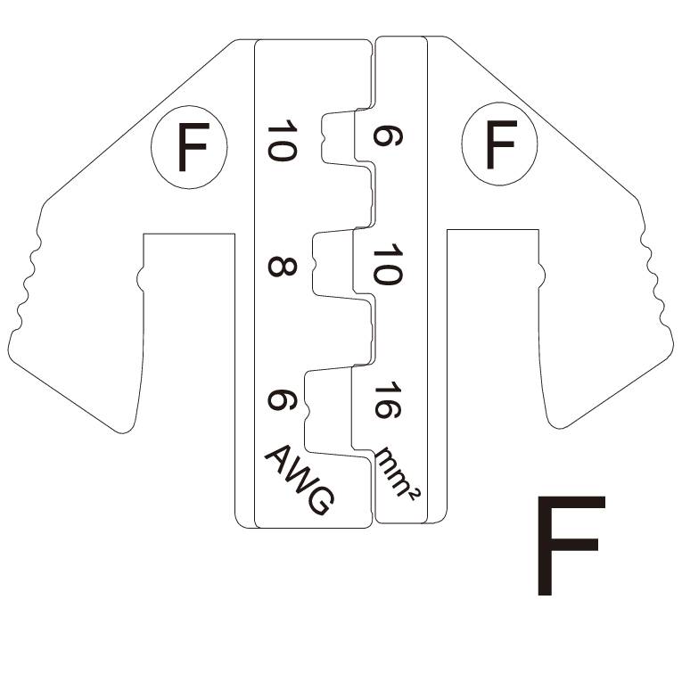 Zangenprofil mit Beschriftungen: 'F', '10-18 AWG', '0,8-1,5 mm²'. Werkzeug zur Verarbeitung von Kabeln oder Drähten.