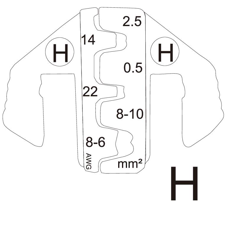 'Messwerkzeug für Kabelquerschnitte'. Zeigt Größenangaben für Kabel von 0,5 bis 10 mm², markiert mit 'H'.