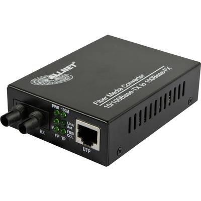 'Ein Media-Konverter, der 10/100Base-TX-Signale zu 100Base-FX umwandelt, mit Ethernet-Port und optischen Anschlüssen.'