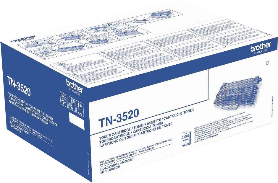 Verpackung einer Brother-Tonerkartusche, Modell TN-3520, für Drucker. Enthält Produktinformationen und Abbildungen des Toners.
