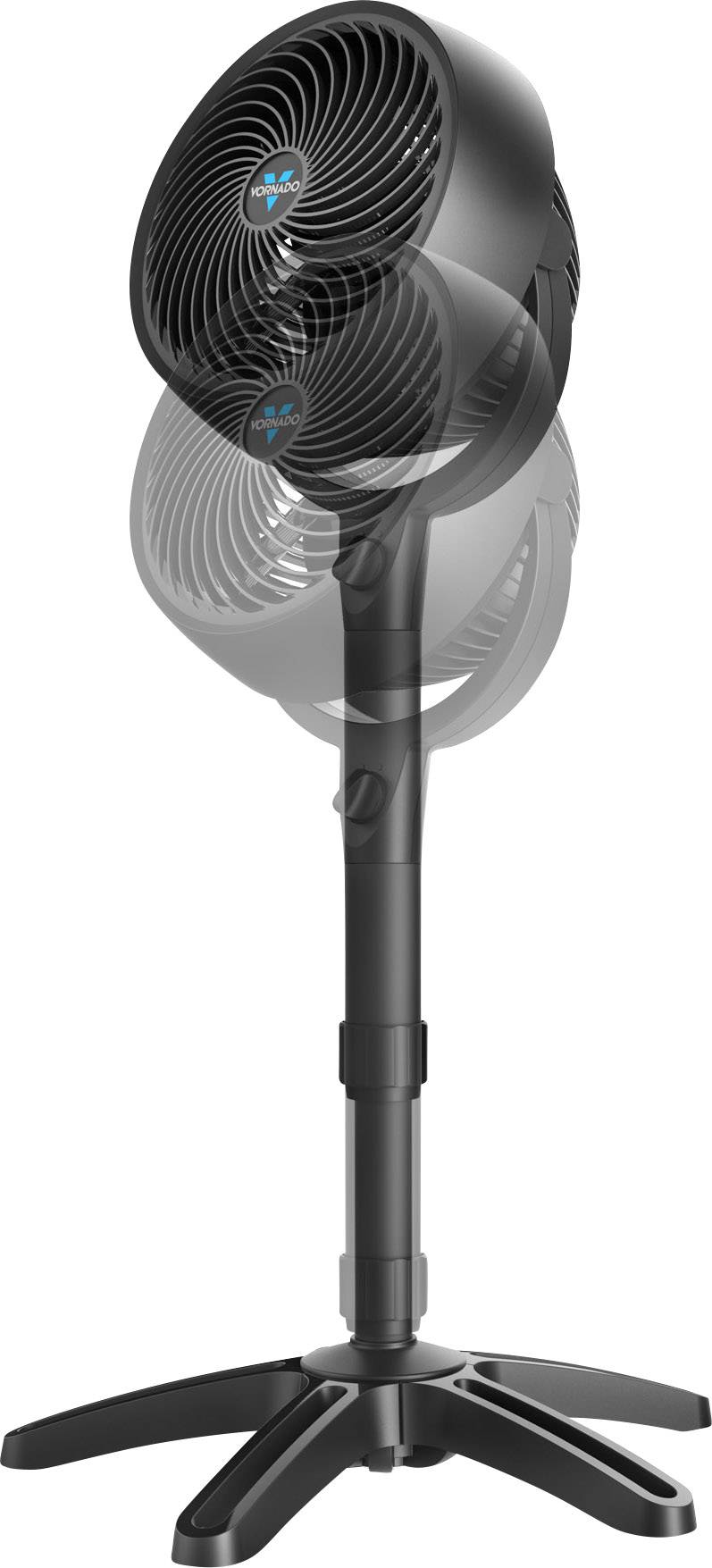 Schwarzer Standventilator mit verstellbarer Höhe und Neigungswinkel, zeigt mehrere Positionen für eine flexible Luftstromrichtung.